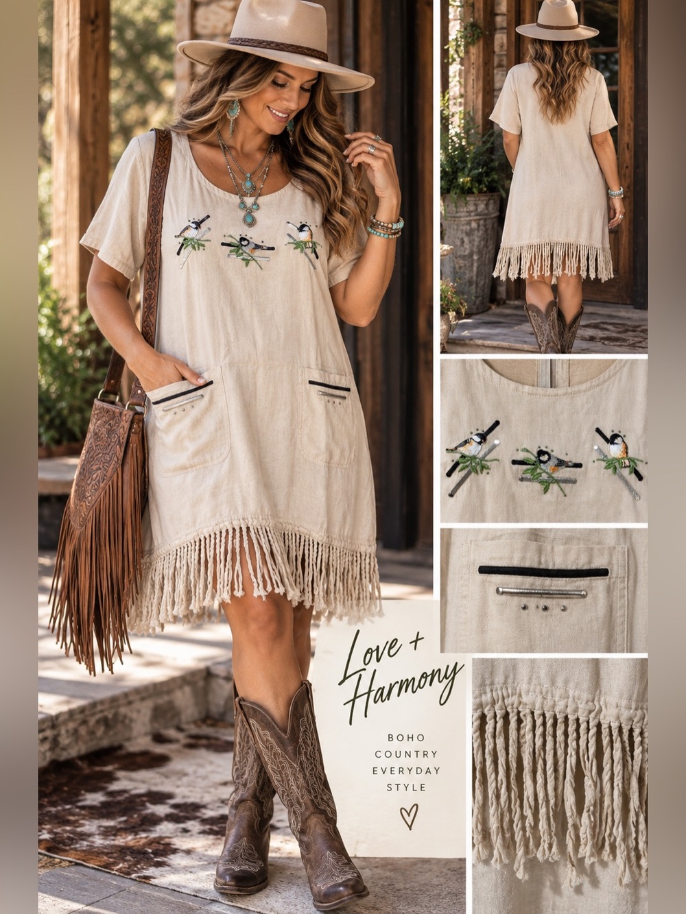 Boho Western Bird Embroidered Fringe Hem Tunic Dress Beige Pockets